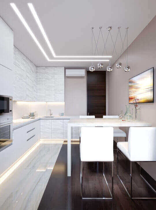 Nagyon szépen tervezett LED világítás konyhában. A LED alu profilba rejtett LED szalag világítás nem csak a szükséges fényt biztosítja, hanem a helyiség meghatározó design eleme, amint együtt fut a konyha bútor vonalaival.